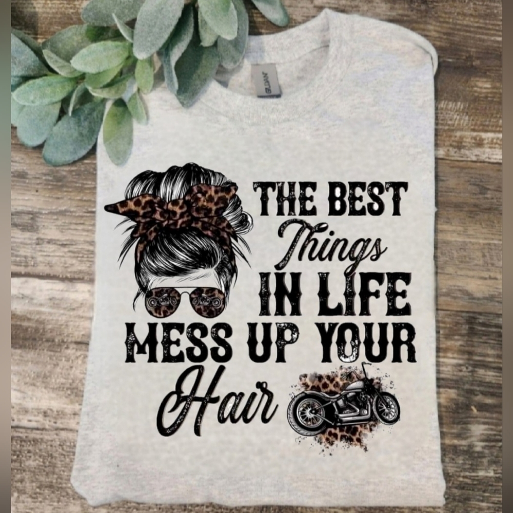 Biker shirt motorcycle riding messy bun cute best things mess up your hair